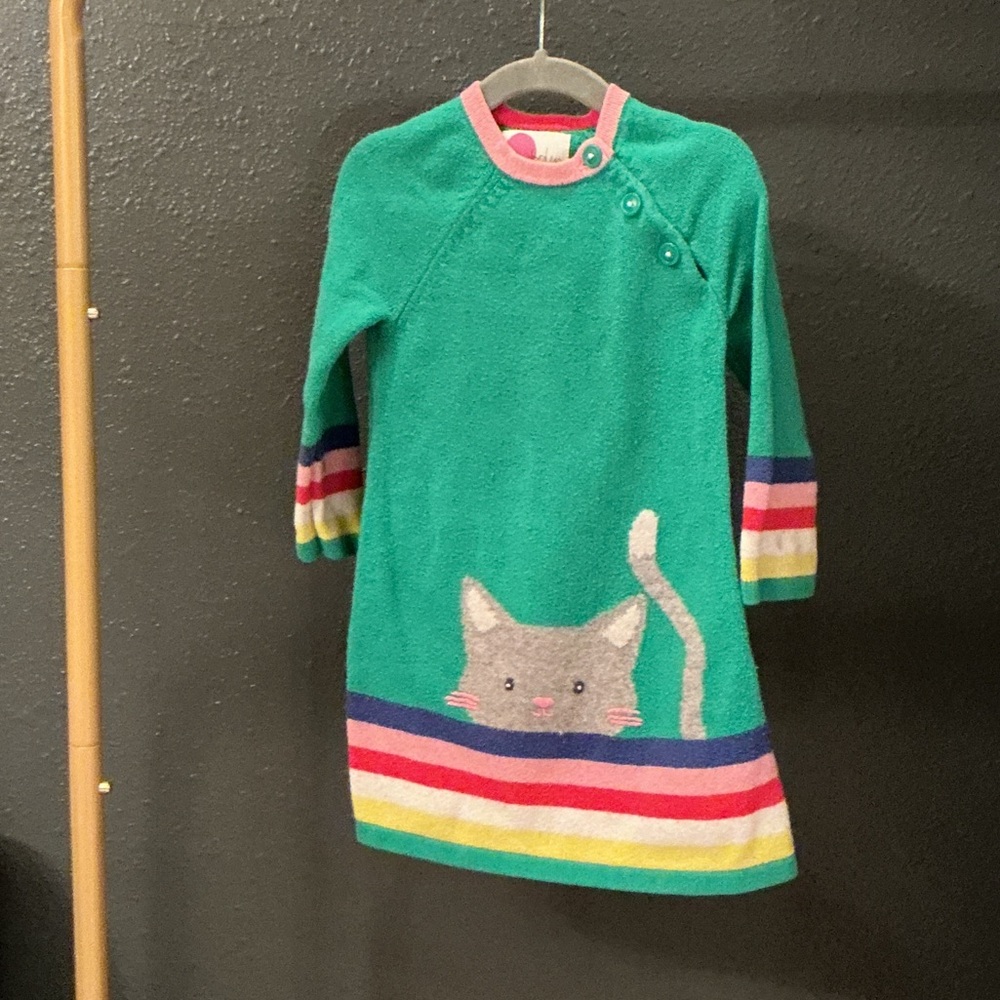 Mini Boden Teal Dress with Cat and Stripes